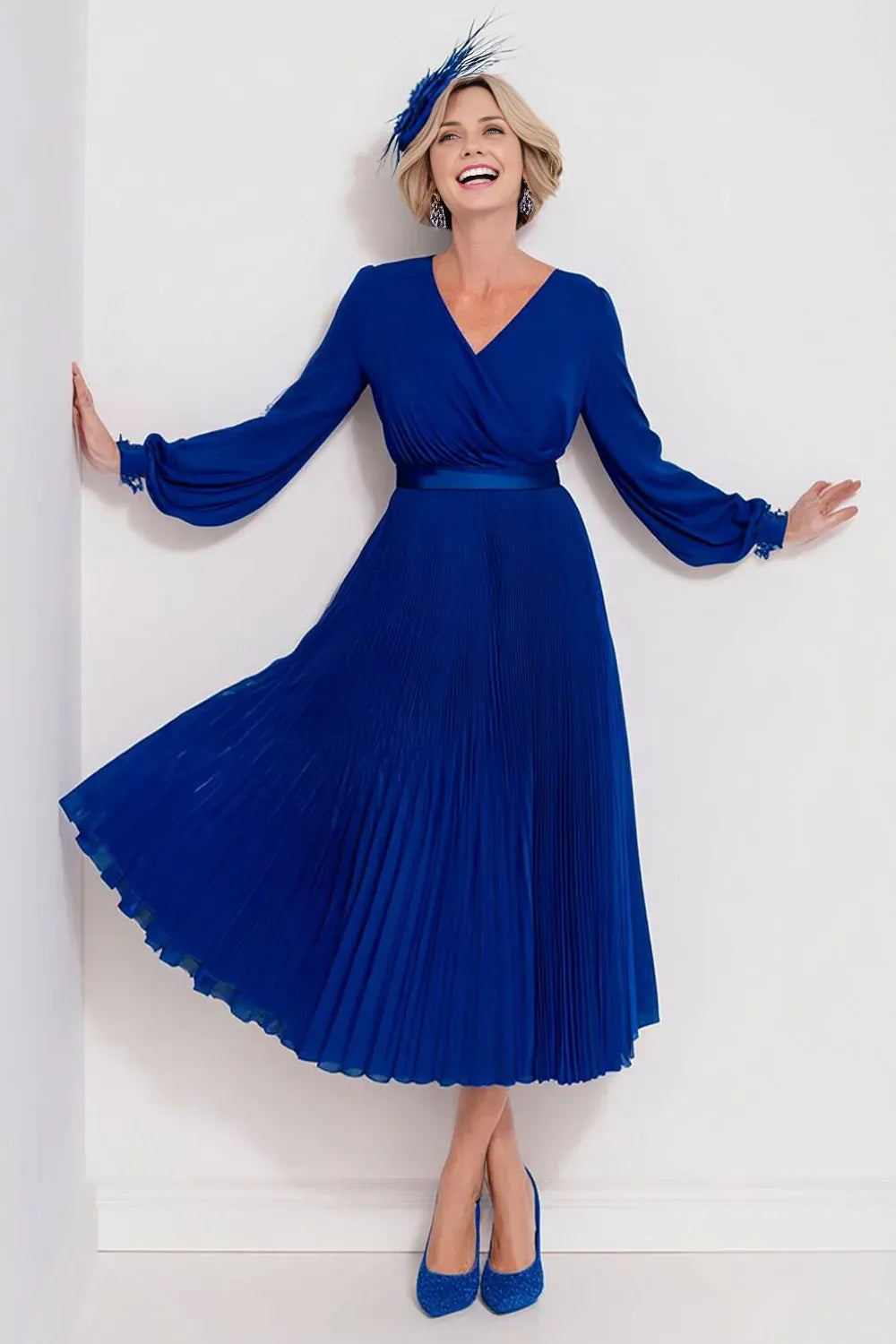 A-Line V-Neck Long Sleeve Solid Color Tea-Length Mother of the Bride Dress