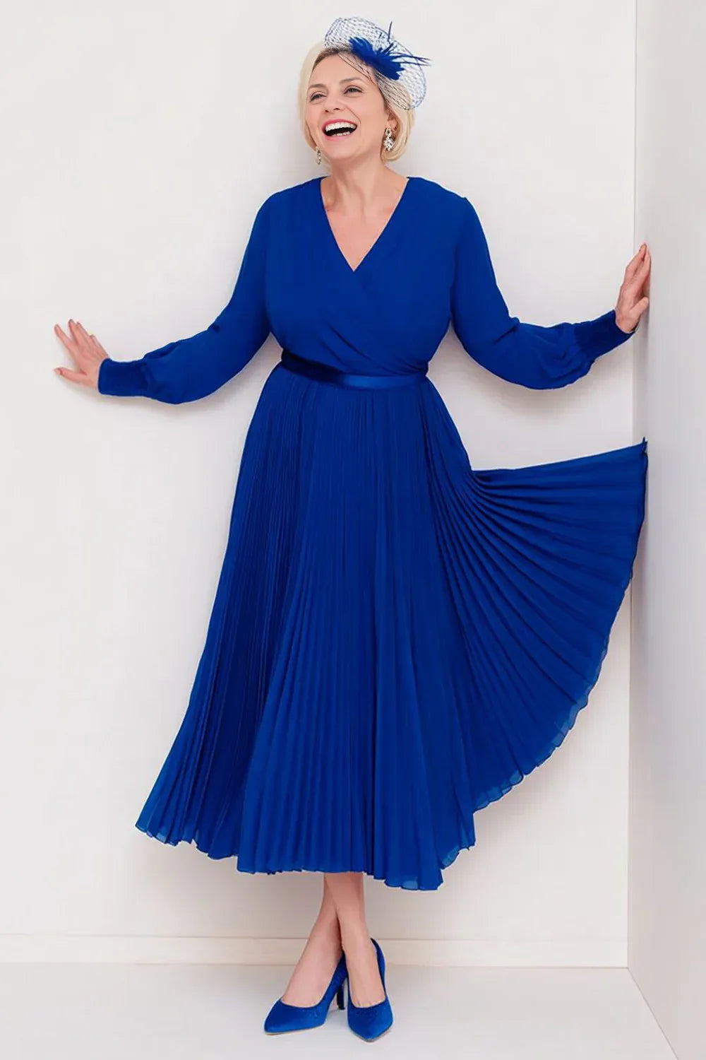 A-Line V-Neck Long Sleeve Solid Color Tea-Length Mother of the Bride Dress