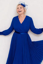 A-Line V-Neck Long Sleeve Solid Color Tea-Length Mother of the Bride Dress