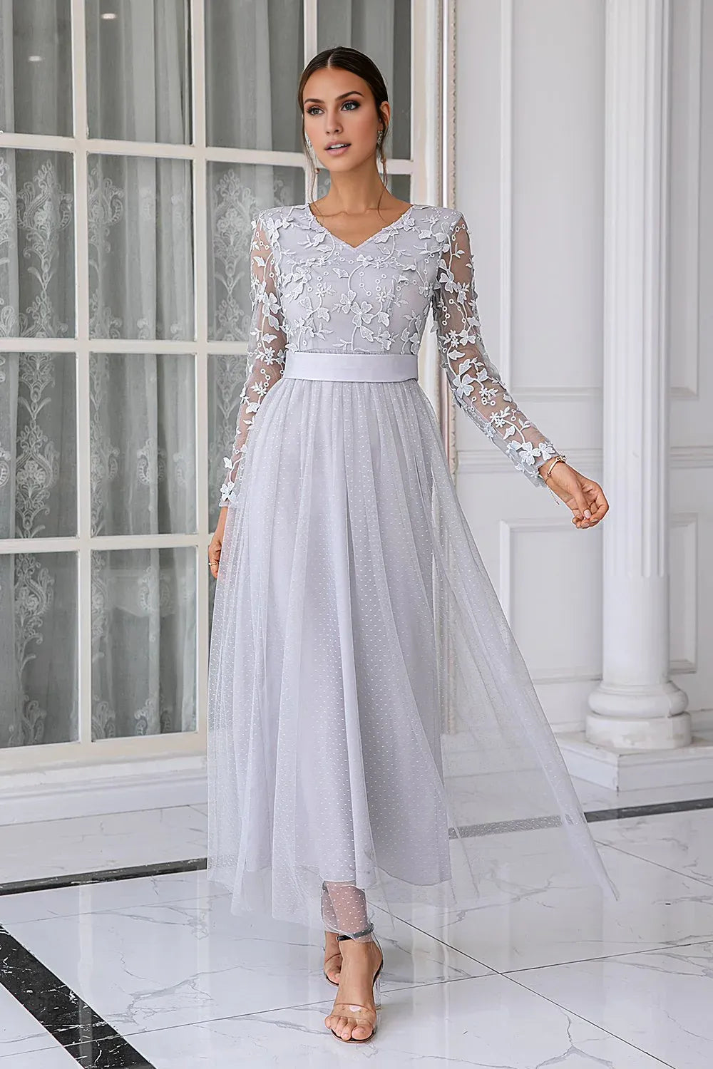A-Line V Neck Long Sleeve Zipper Up Floor-Length Mother of the Bride Dress