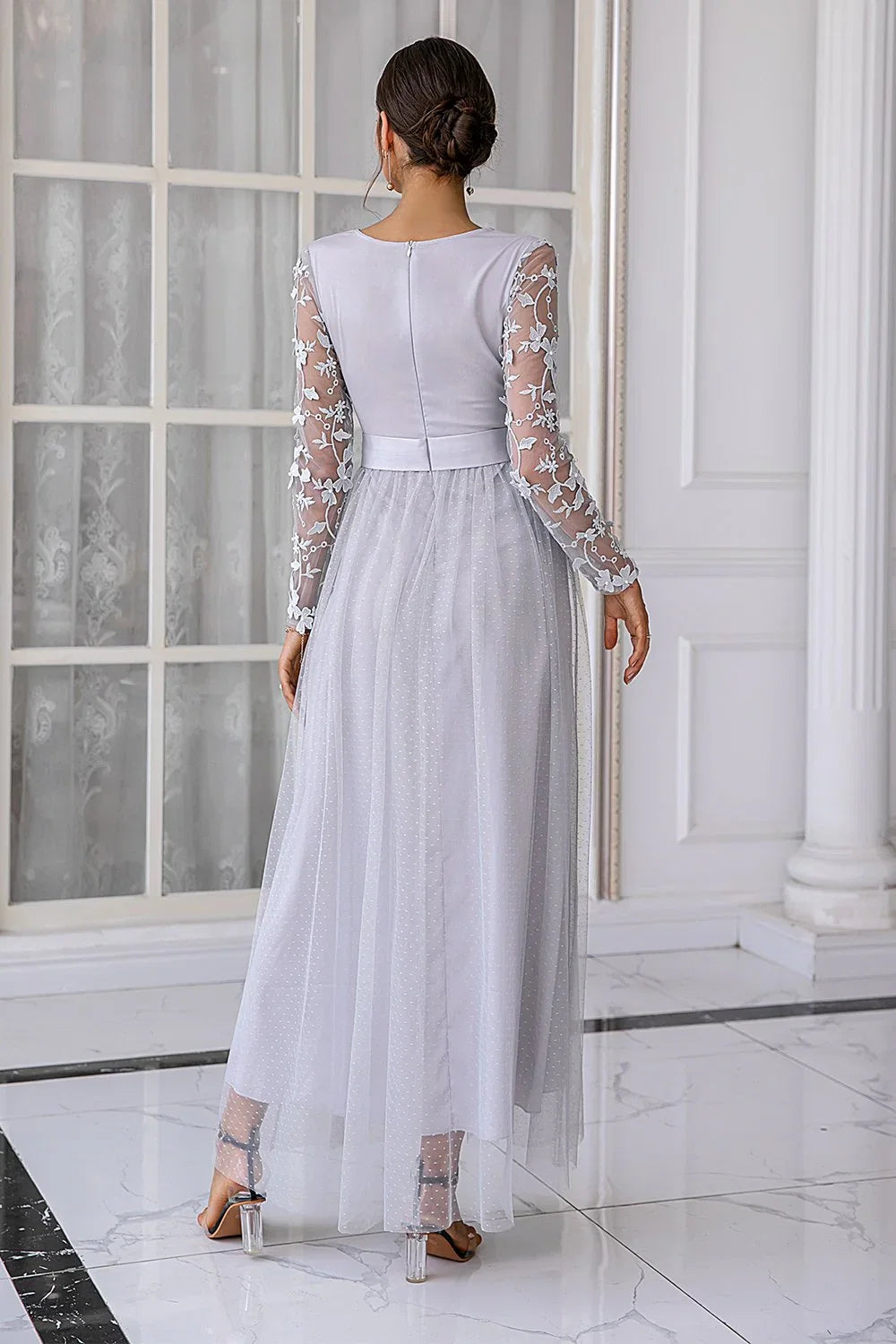 A-Line V Neck Long Sleeve Zipper Up Floor-Length Mother of the Bride Dress