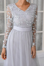 A-Line V Neck Long Sleeve Zipper Up Floor-Length Mother of the Bride Dress