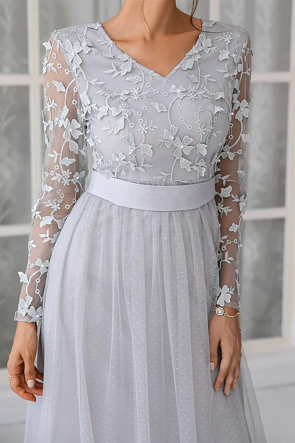 A-Line V Neck Long Sleeve Zipper Up Floor-Length Mother of the Bride Dress