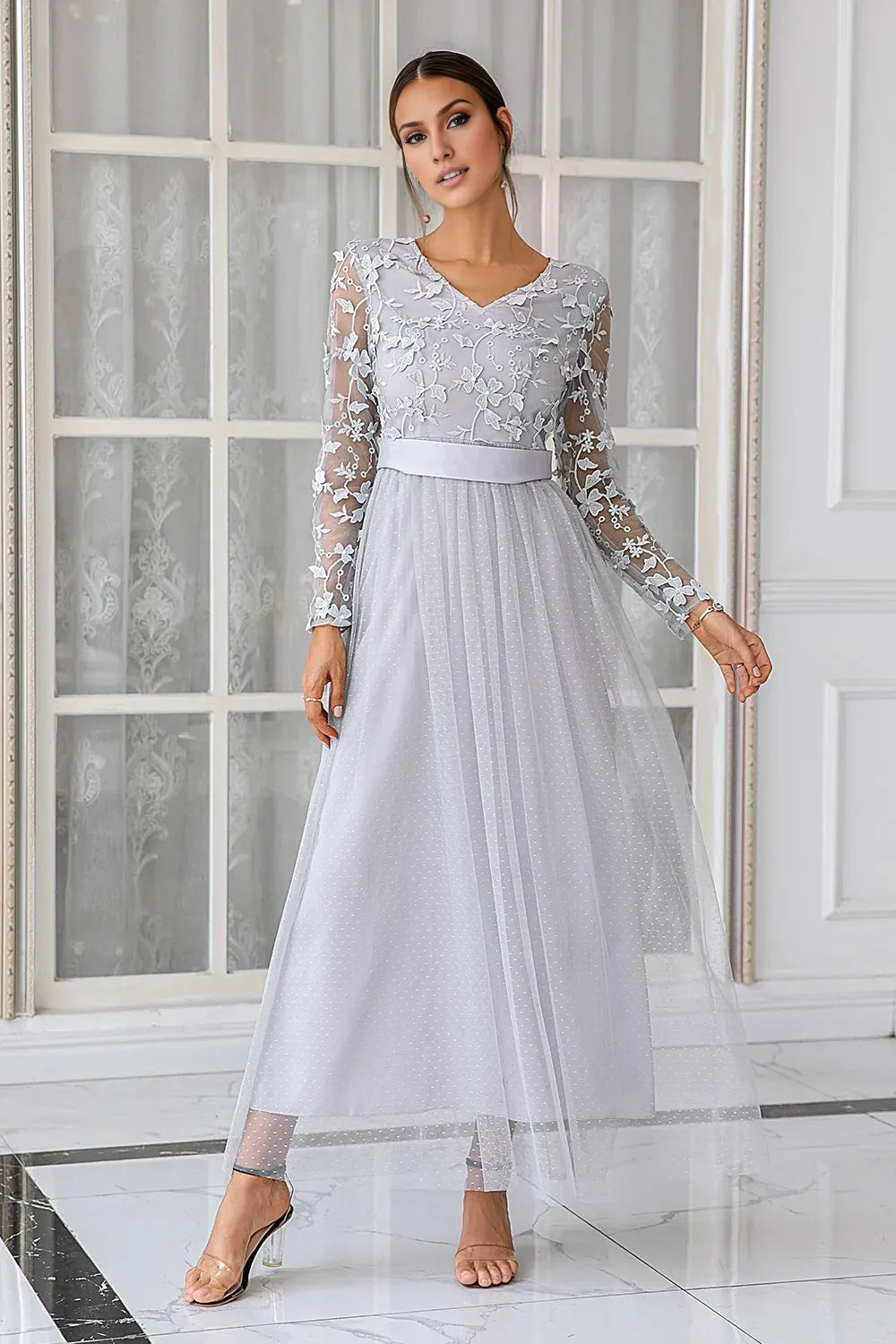 A-Line V Neck Long Sleeve Zipper Up Floor-Length Mother of the Bride Dress
