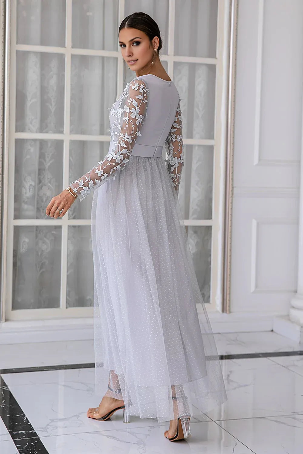 A-Line V Neck Long Sleeve Zipper Up Floor-Length Mother of the Bride Dress