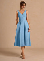A-Line V Neck Sleeveless Zipper Up Tea-Length Evening Dress