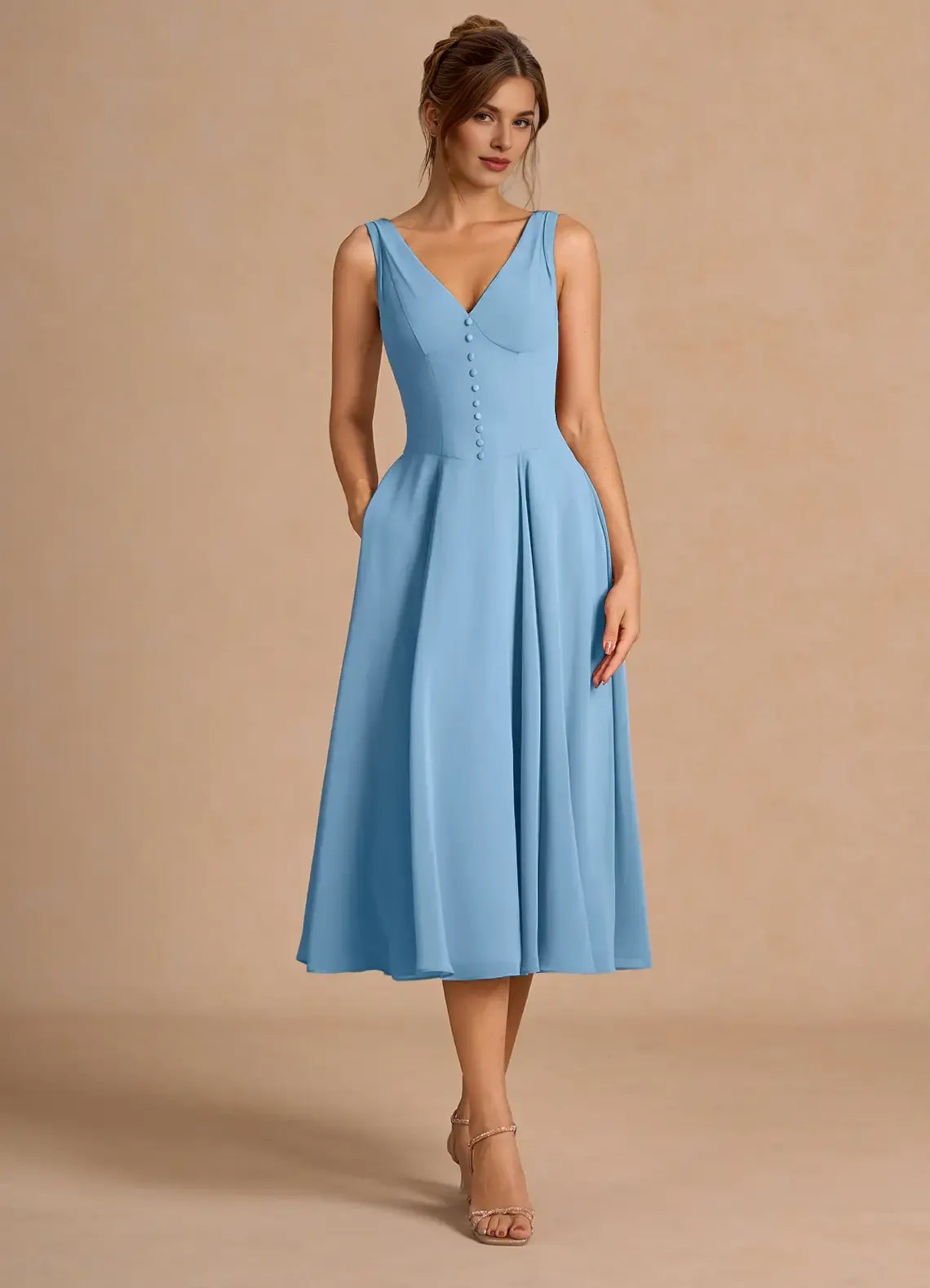 A-Line V Neck Sleeveless Zipper Up Tea-Length Evening Dress