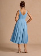 A-Line V Neck Sleeveless Zipper Up Tea-Length Evening Dress