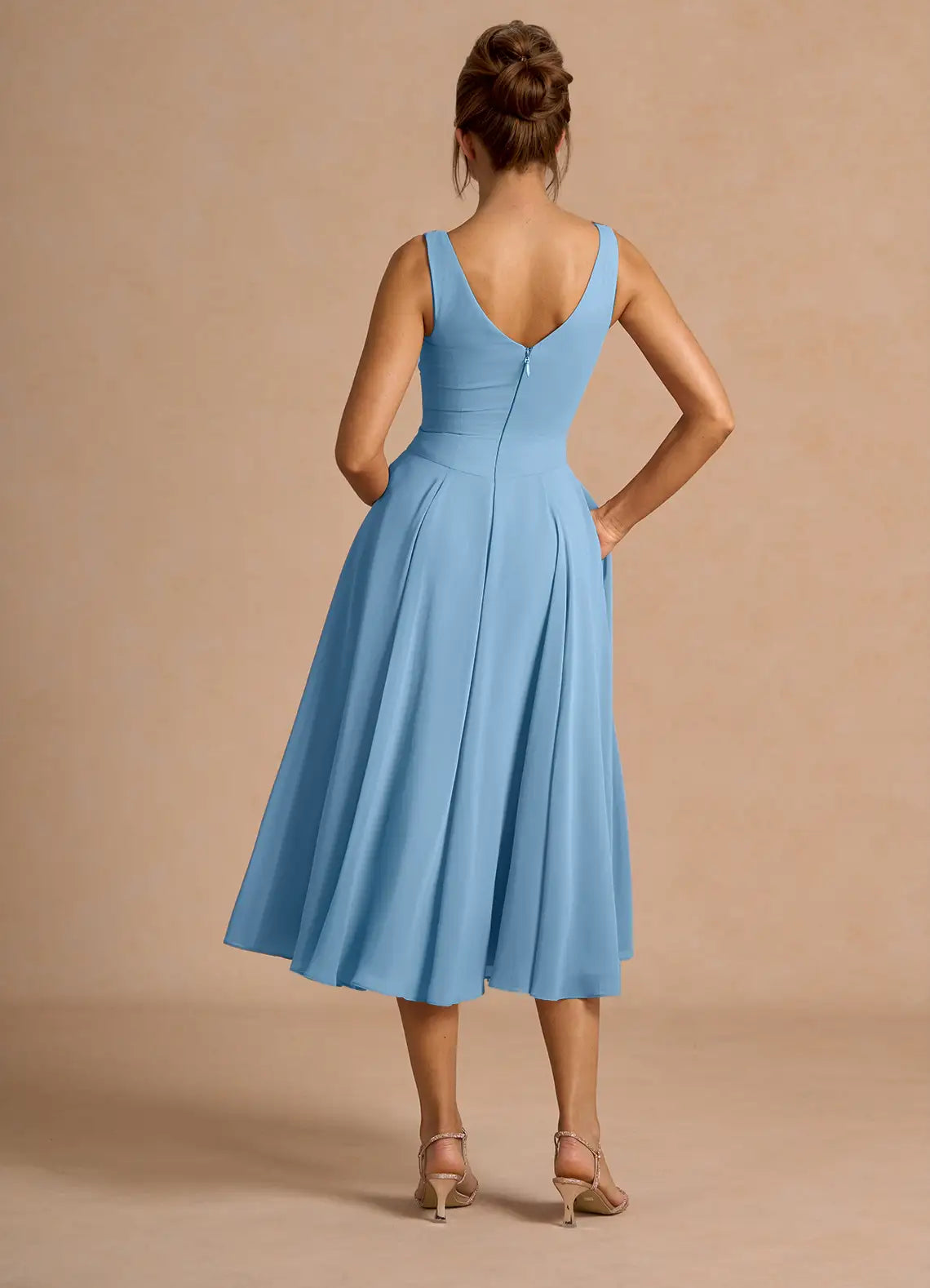A-Line V Neck Sleeveless Zipper Up Tea-Length Evening Dress