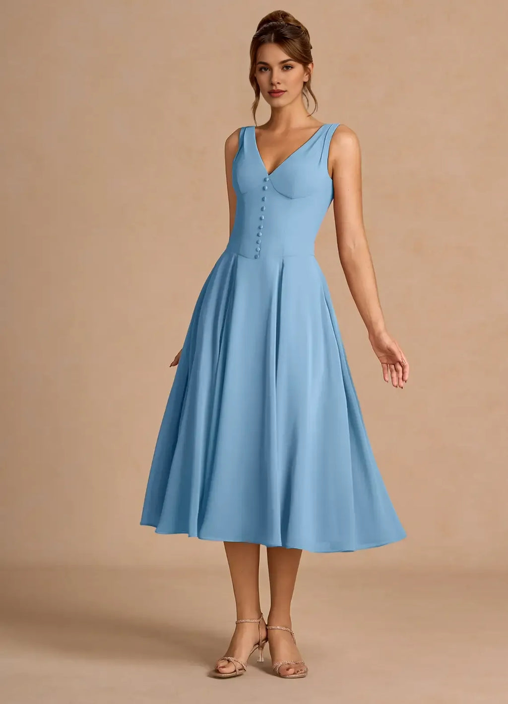 A-Line V Neck Sleeveless Zipper Up Tea-Length Evening Dress