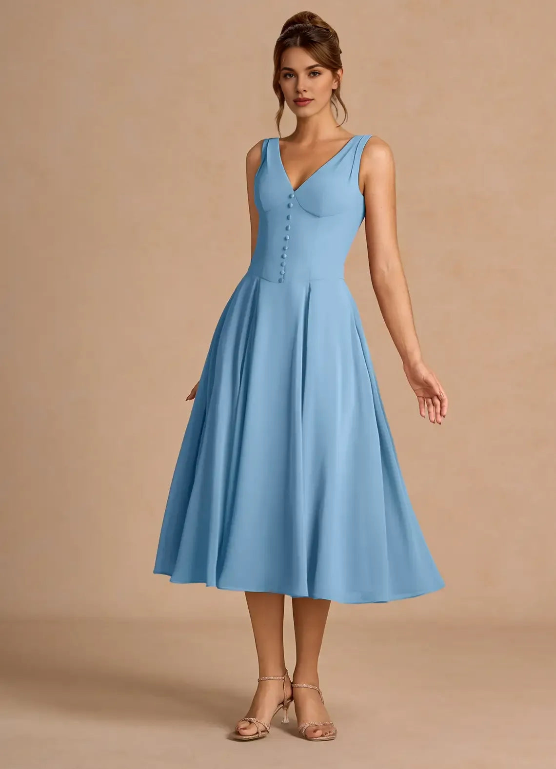 A-Line V Neck Sleeveless Zipper Up Tea-Length Evening Dress