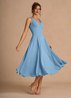 A-Line V Neck Sleeveless Zipper Up Tea-Length Evening Dress