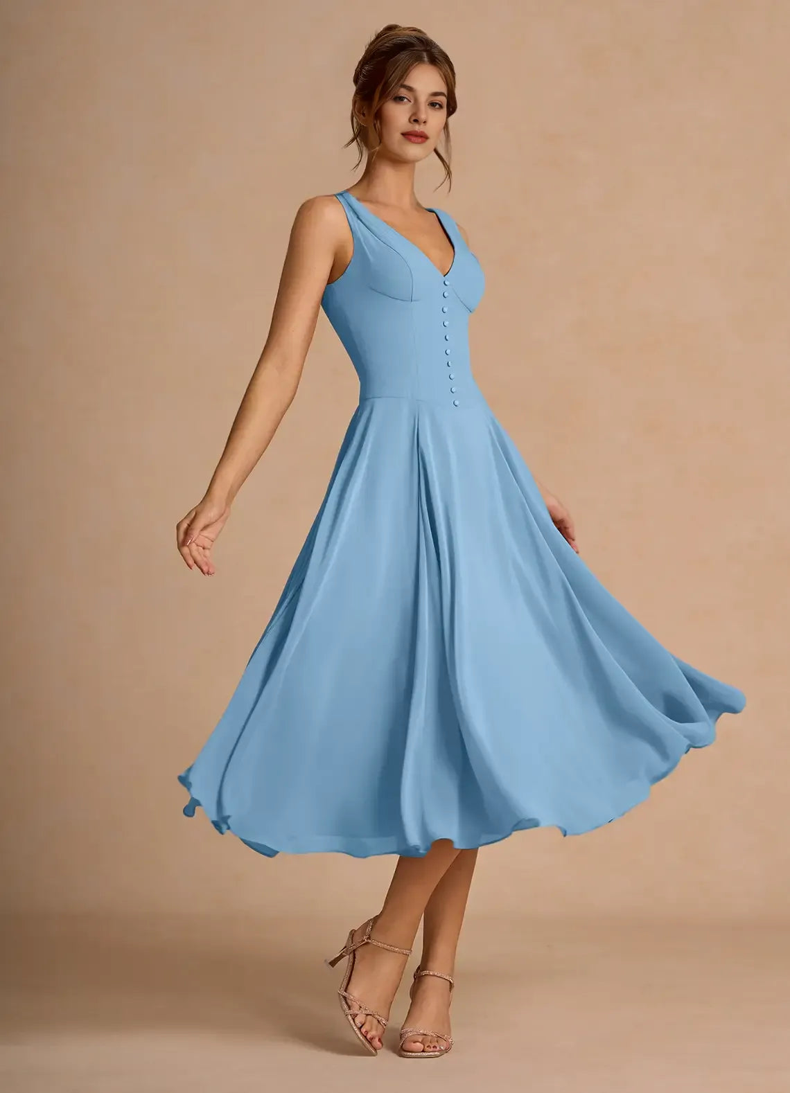 A-Line V Neck Sleeveless Zipper Up Tea-Length Evening Dress