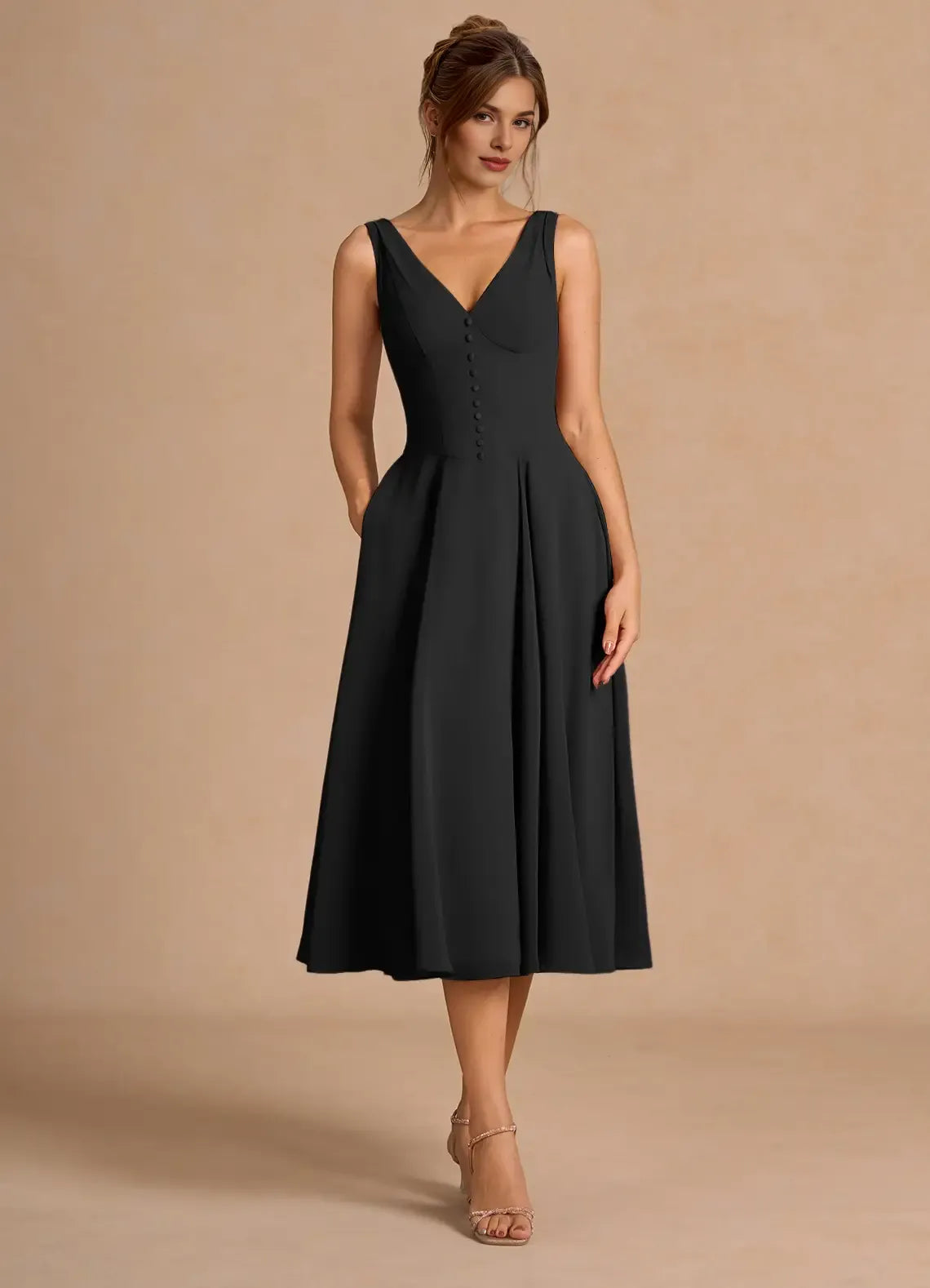 A-Line V Neck Sleeveless Zipper Up Tea-Length Evening Dress