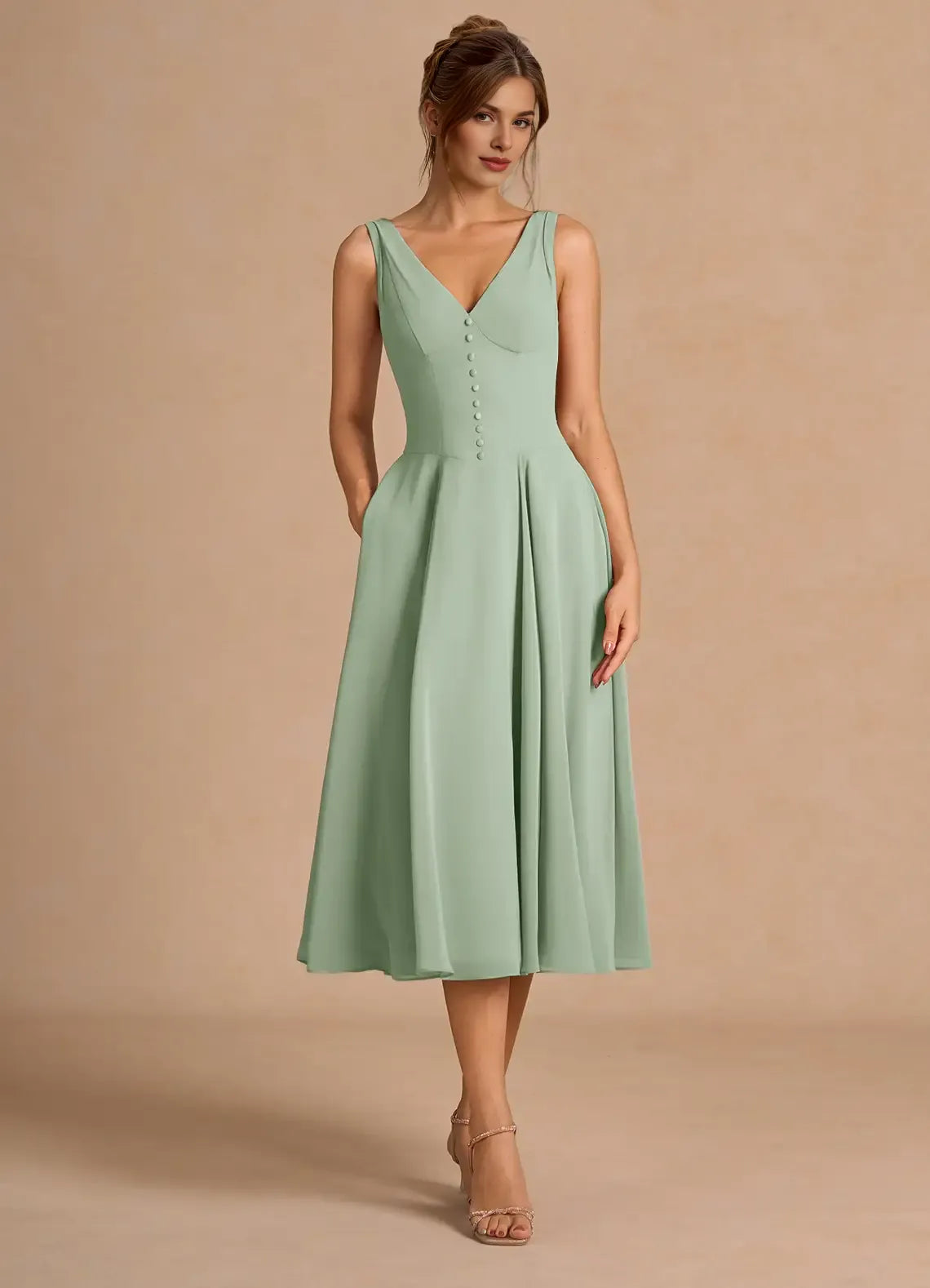 A-Line V Neck Sleeveless Zipper Up Tea-Length Evening Dress