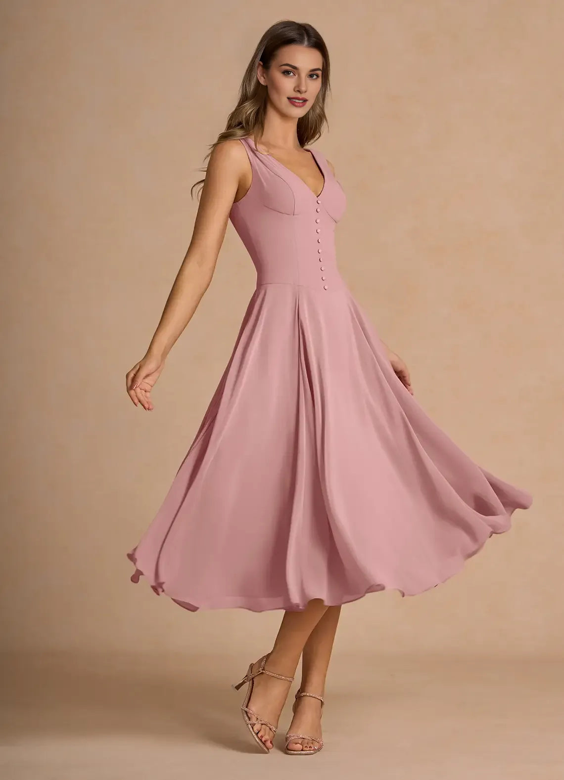 A-Line V Neck Sleeveless Zipper Up Tea-Length Evening Dress