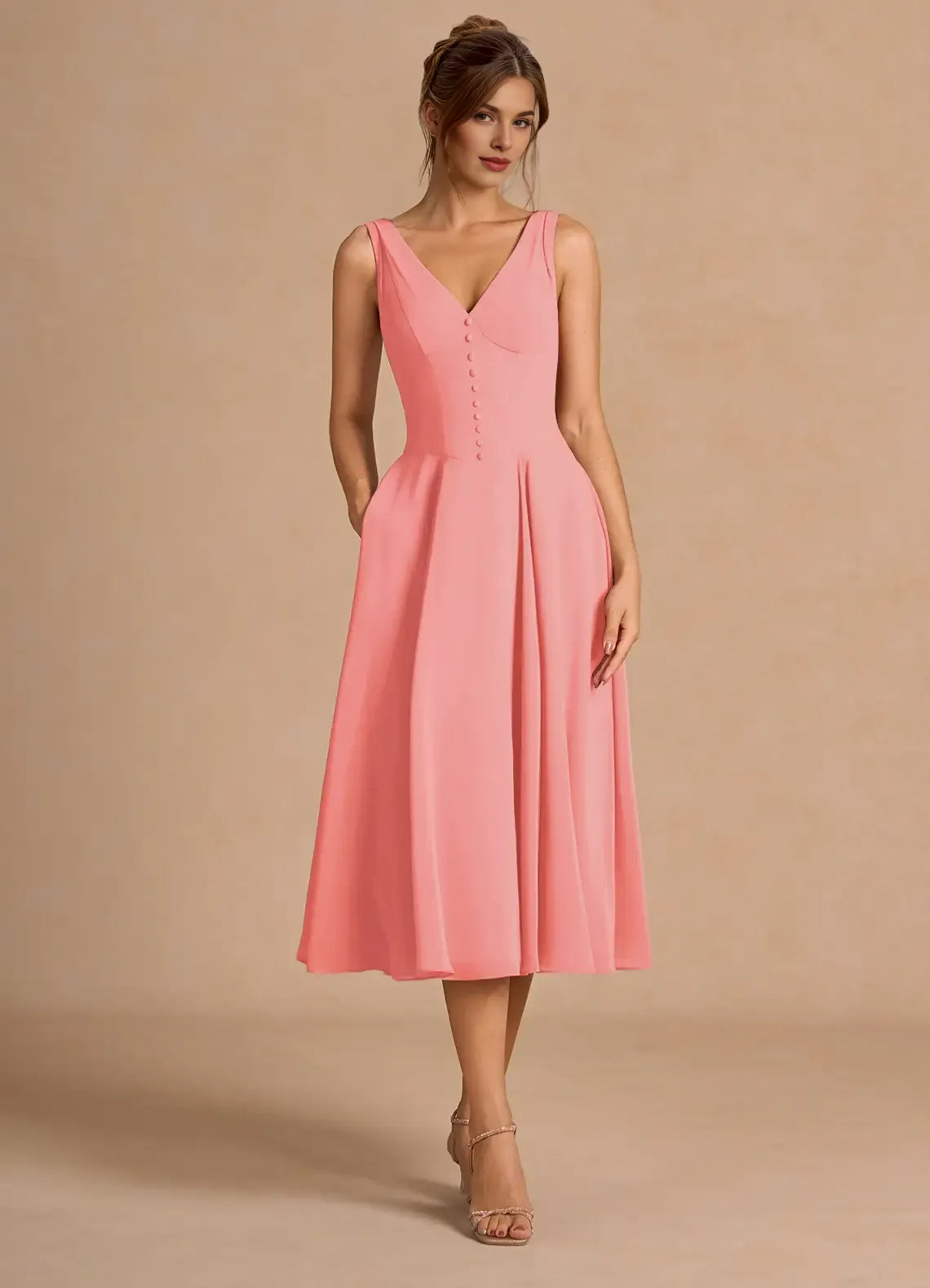 A-Line V Neck Sleeveless Zipper Up Tea-Length Evening Dress