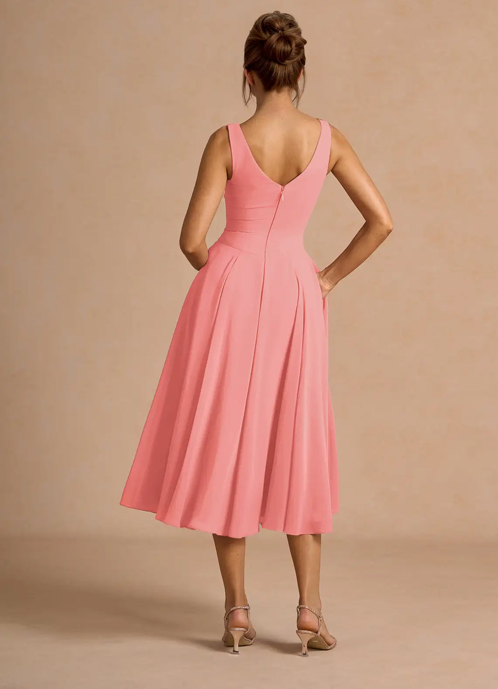A-Line V Neck Sleeveless Zipper Up Tea-Length Evening Dress