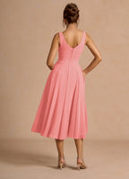 A-Line V Neck Sleeveless Zipper Up Tea-Length Evening Dress
