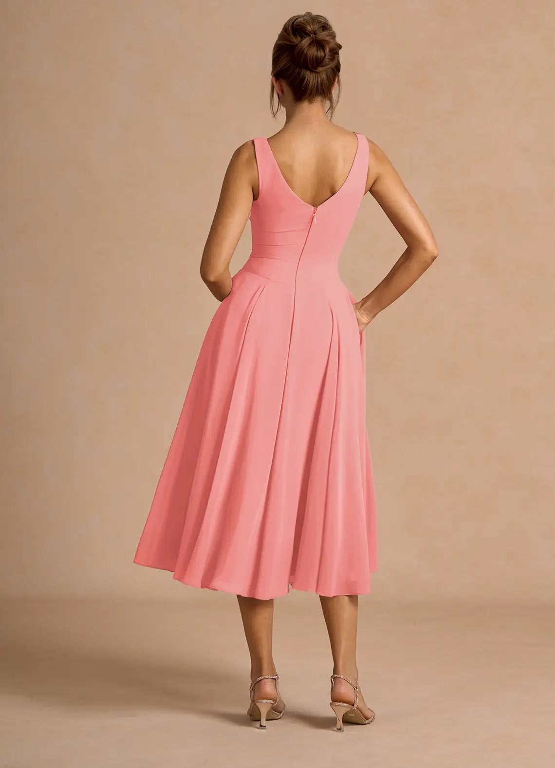 A-Line V Neck Sleeveless Zipper Up Tea-Length Evening Dress