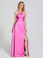 A-line Halter Neck Sleeveless Backless Floor-Length Prom Dress