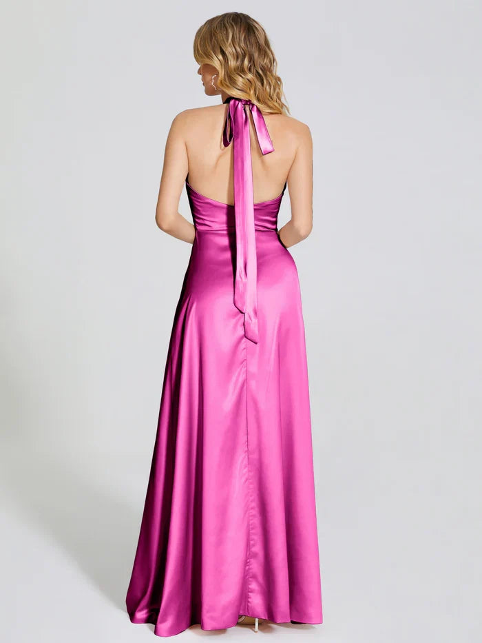 A-line Halter Neck Sleeveless Backless Floor-Length Prom Dress
