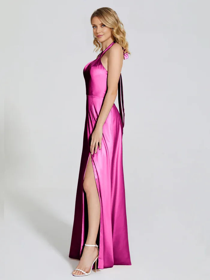 A-line Halter Neck Sleeveless Backless Floor-Length Prom Dress