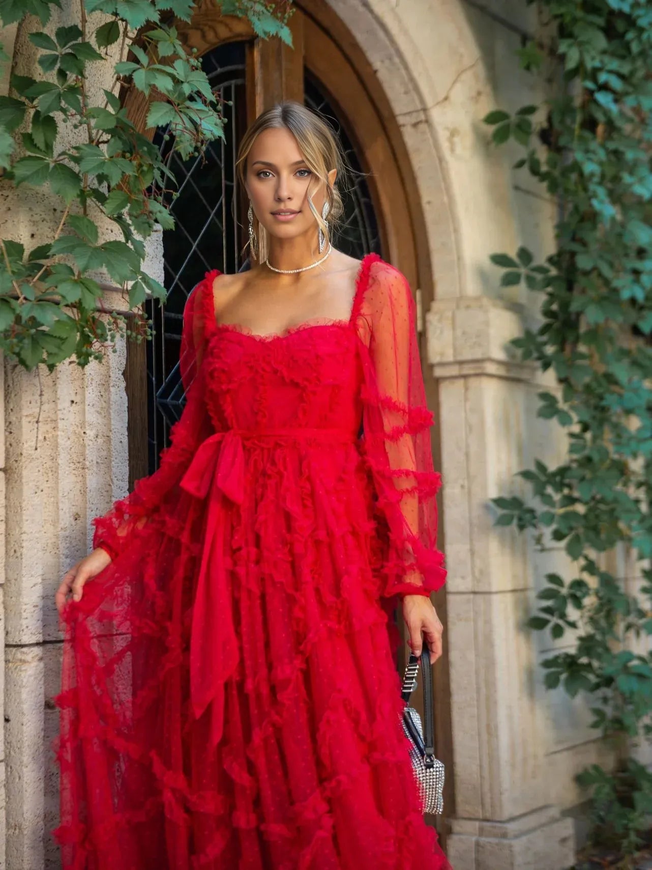 A-line Sweetheart Neck Long Sleeve Zipper Up Floor-Length Prom Dress