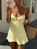 Yellow A-line V Neck Spaghetti Straps Ruched Ruffle Hem Mini Homecoming Dress