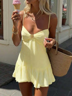 Yellow A-line V Neck Spaghetti Straps Ruched Ruffle Hem Mini Homecoming Dress