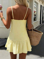 Yellow A-line V Neck Spaghetti Straps Ruched Ruffle Hem Mini Homecoming Dress