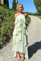 A Line Halter Neck Sleeveless Up Floor-Length Prom Dress