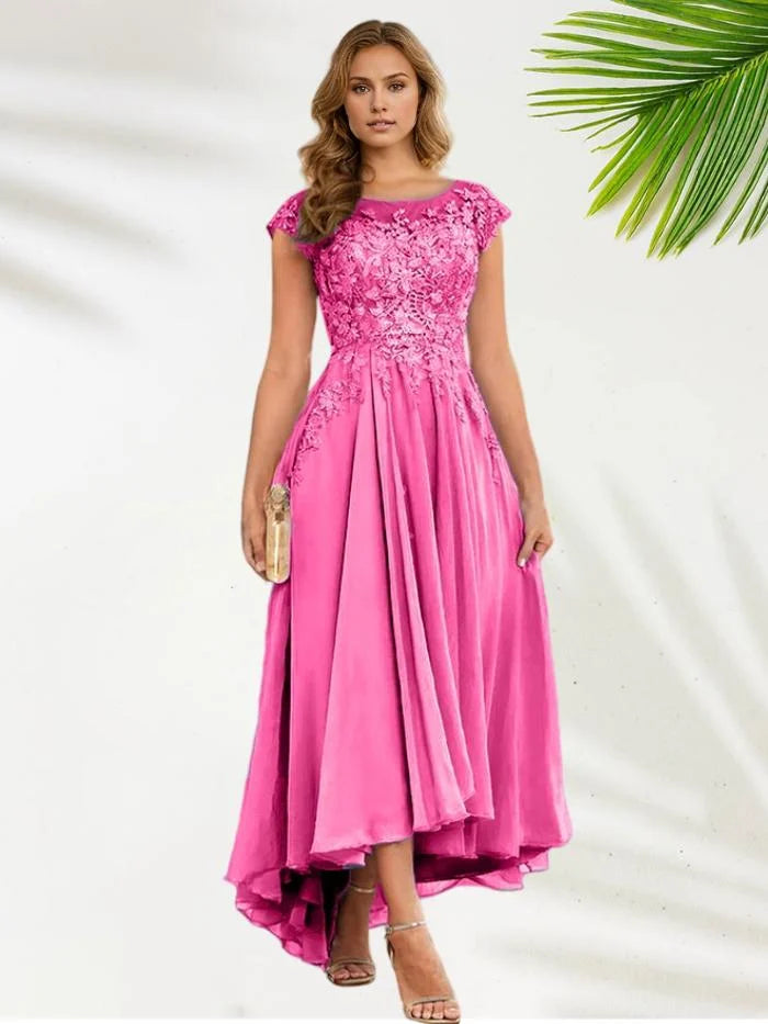 A Line Illusion Neck Cap Sleeves Floor-Length Mother of the Bride Dress