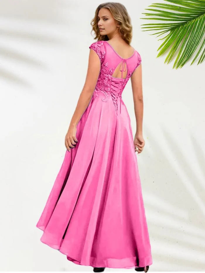 A Line Illusion Neck Cap Sleeves Floor-Length Mother of the Bride Dress