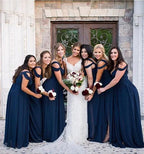 Chic A Line Off Shoulder Ruched Chiffon Navy Blue Floor Length Prom Dress