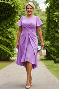 A Line Scoop Neck Short Sleeves Keyhole Back Tea-Length Plus Size Mother of the Bride Dress