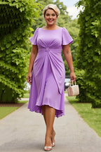 A Line Scoop Neck Short Sleeves Keyhole Back Tea-Length Plus Size Mother of the Bride Dress