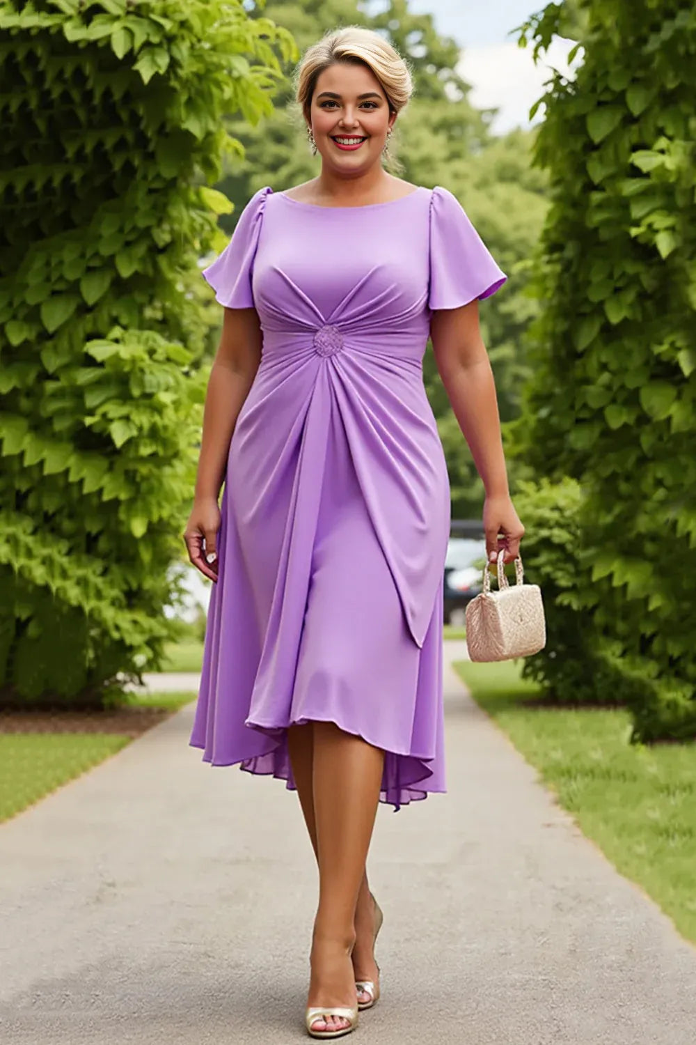 A Line Scoop Neck Short Sleeves Keyhole Back Tea-Length Plus Size Mother of the Bride Dress