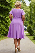 A Line Scoop Neck Short Sleeves Keyhole Back Tea-Length Plus Size Mother of the Bride Dress