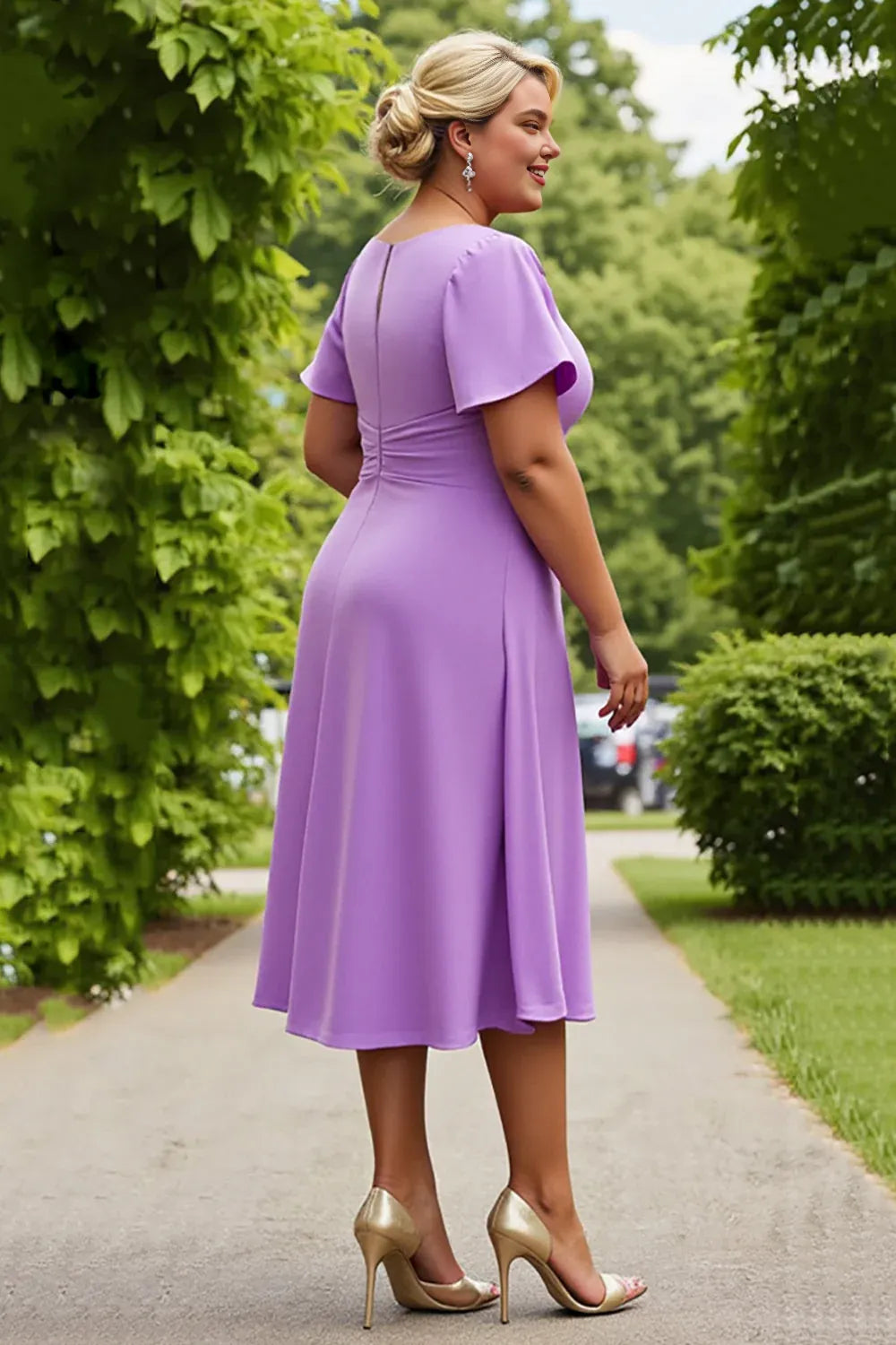 A Line Scoop Neck Short Sleeves Keyhole Back Tea-Length Plus Size Mother of the Bride Dress