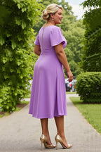 A Line Scoop Neck Short Sleeves Keyhole Back Tea-Length Plus Size Mother of the Bride Dress