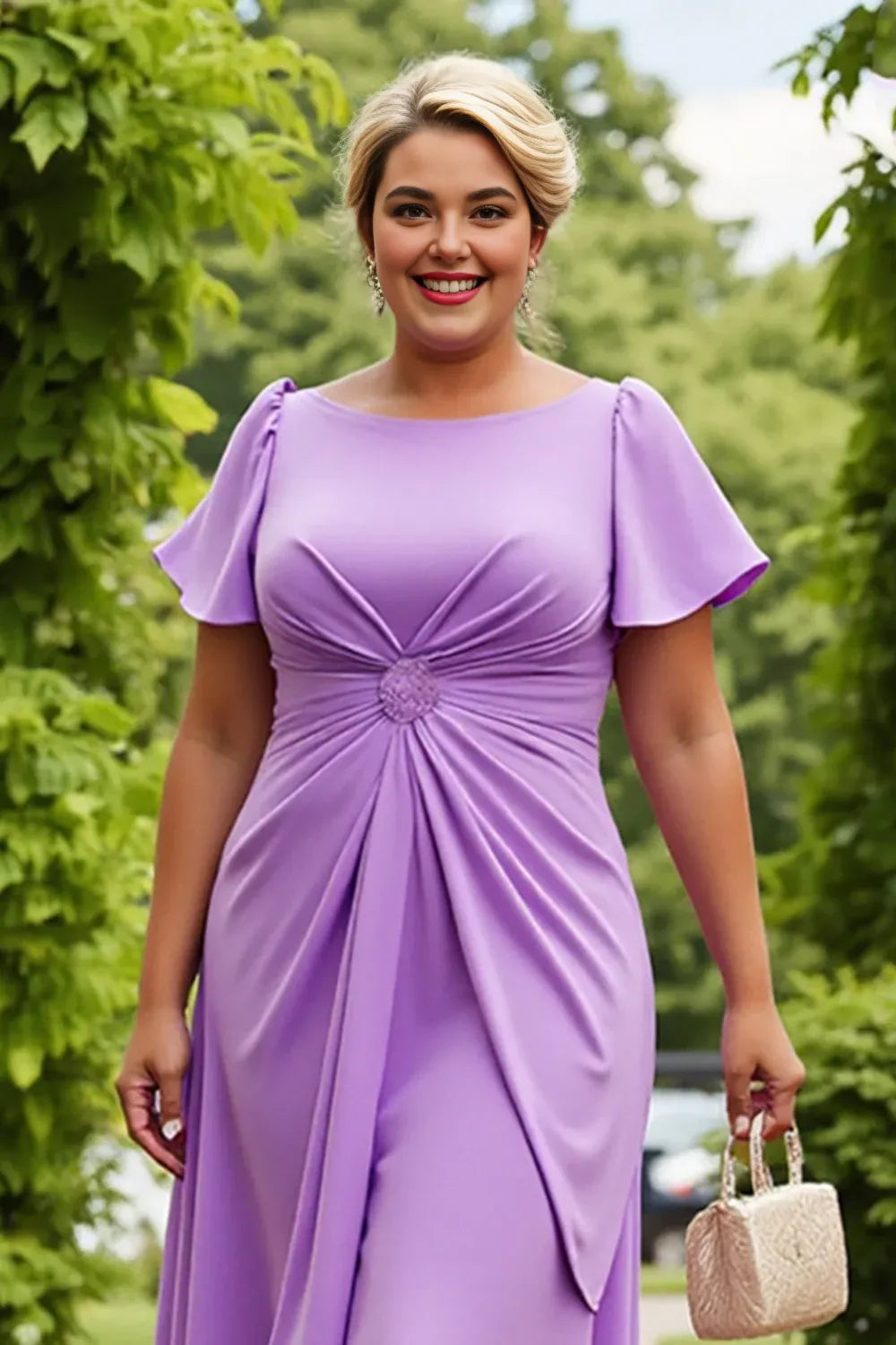A Line Scoop Neck Short Sleeves Keyhole Back Tea-Length Plus Size Mother of the Bride Dress