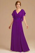 A Line V-Neck Flutter Sleeve Zipper Up Floor-Length Mother of the Bride Dress