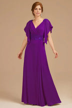 A Line V-Neck Flutter Sleeve Zipper Up Floor-Length Mother of the Bride Dress