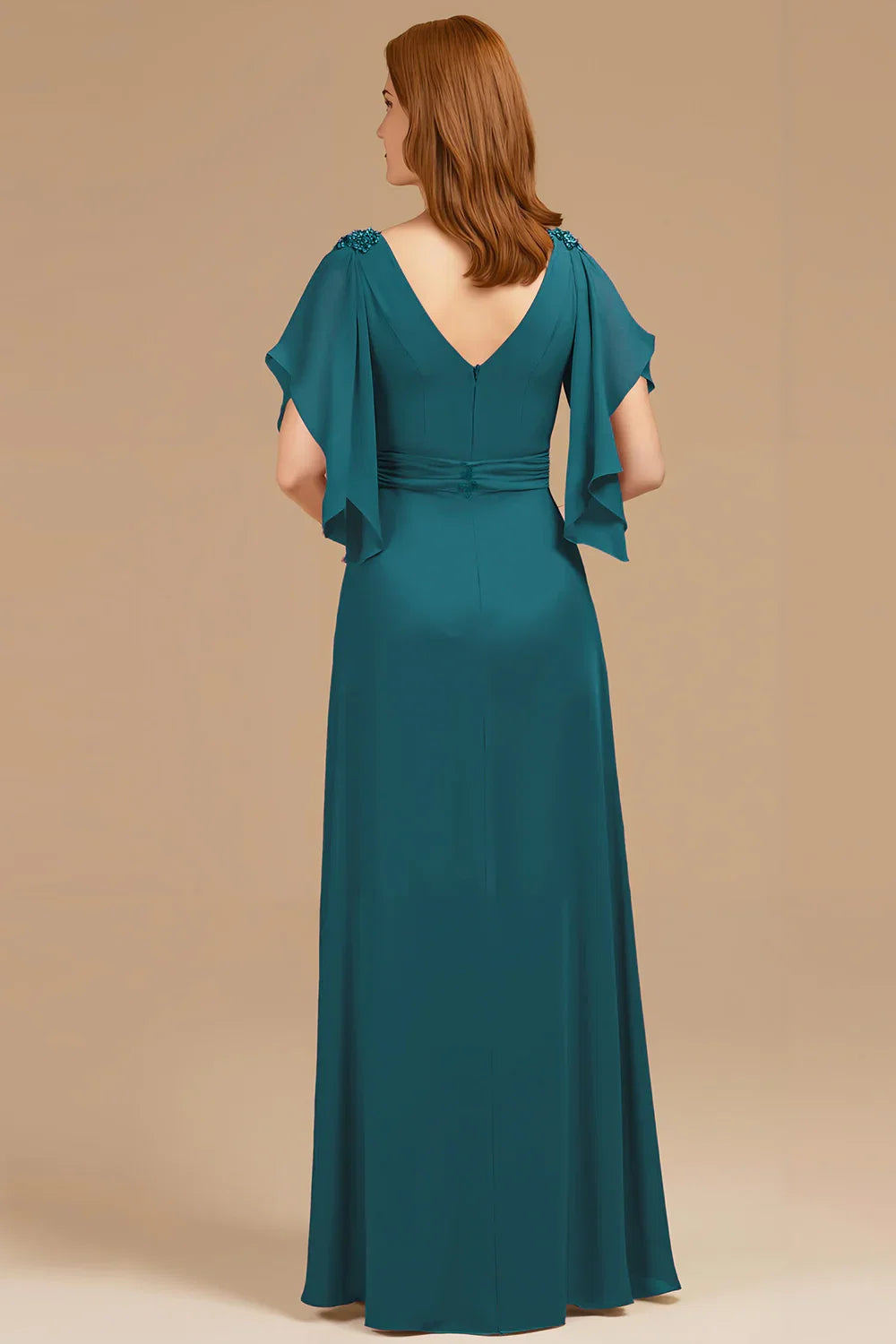 A Line V-Neck Flutter Sleeve Zipper Up Floor-Length Mother of the Bride Dress