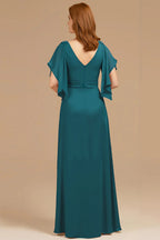 A Line V-Neck Flutter Sleeve Zipper Up Floor-Length Mother of the Bride Dress