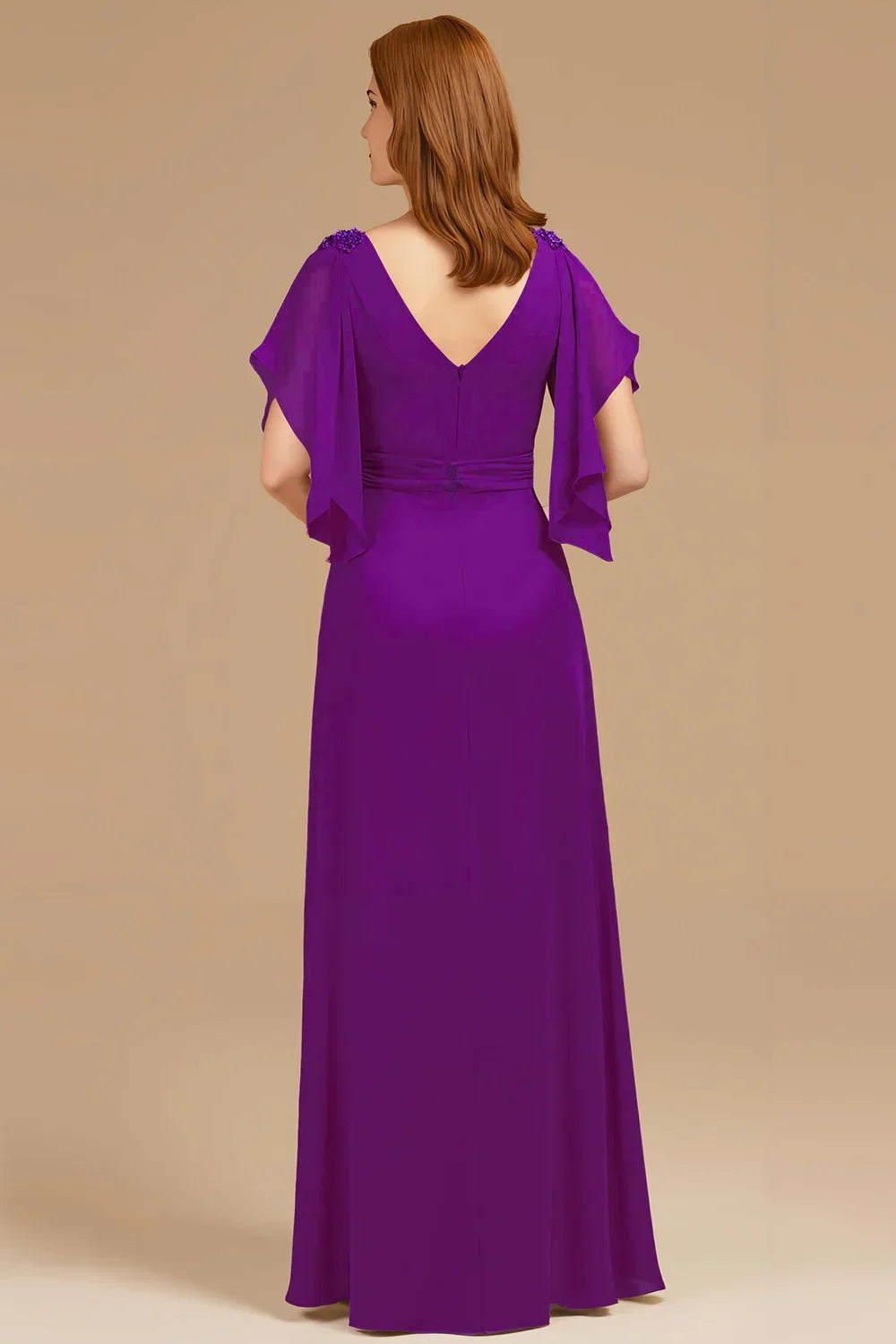 A Line V-Neck Flutter Sleeve Zipper Up Floor-Length Mother of the Bride Dress