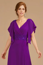 A Line V-Neck Flutter Sleeve Zipper Up Floor-Length Mother of the Bride Dress