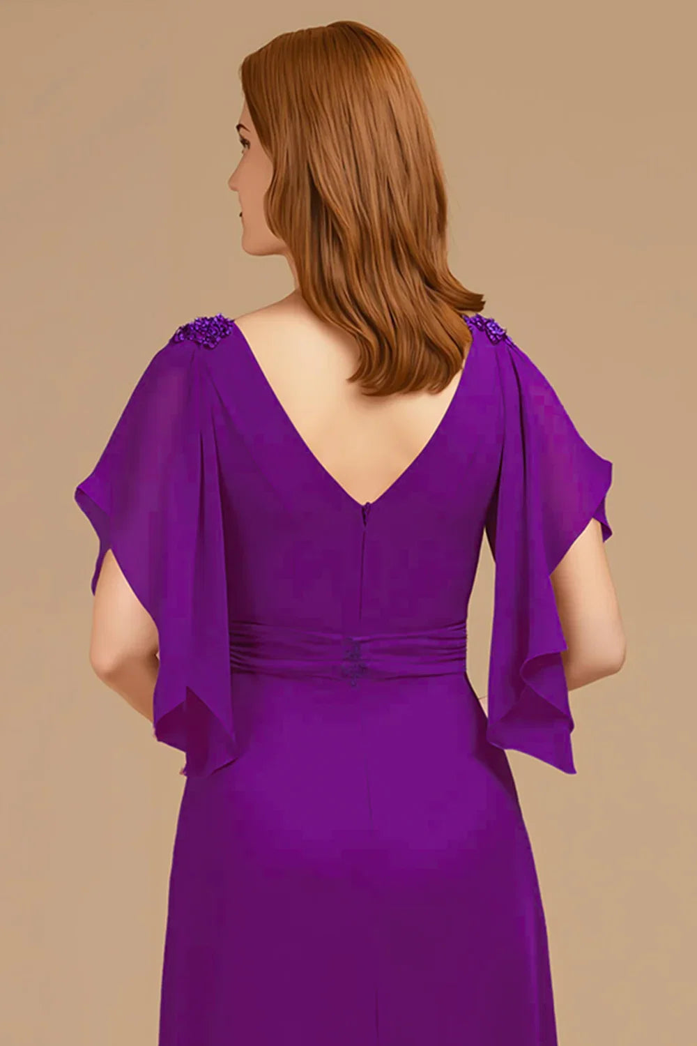 A Line V-Neck Flutter Sleeve Zipper Up Floor-Length Mother of the Bride Dress