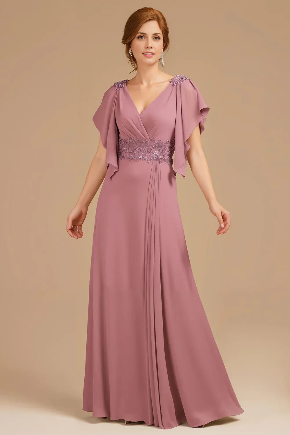 A Line V-Neck Flutter Sleeve Zipper Up Floor-Length Mother of the Bride Dress